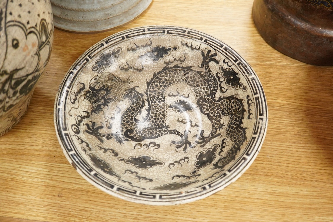 A Thai underglaze black large jar and a similar Dragon bowl